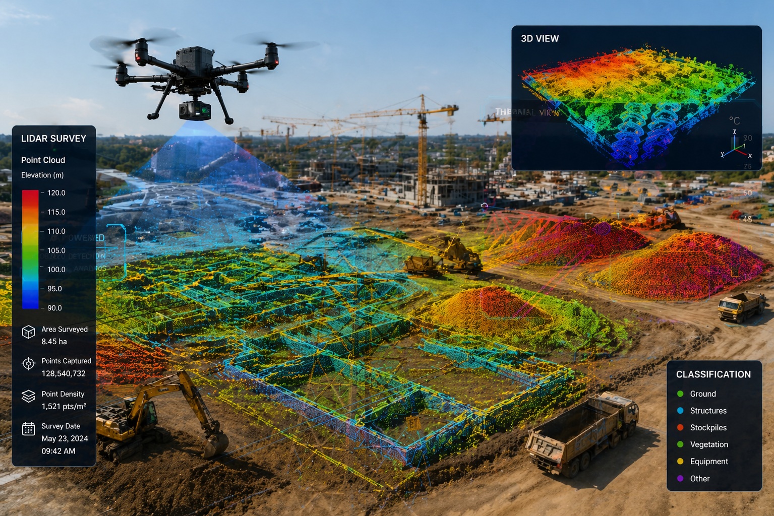 Drone over construction site with LiDAR overlay