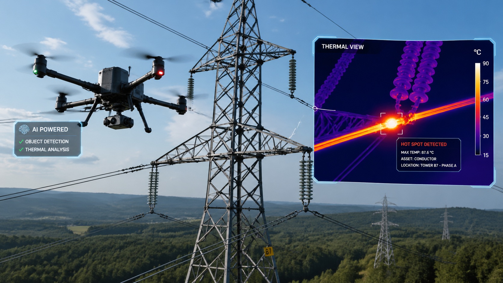 AI-powered drone over transmission tower